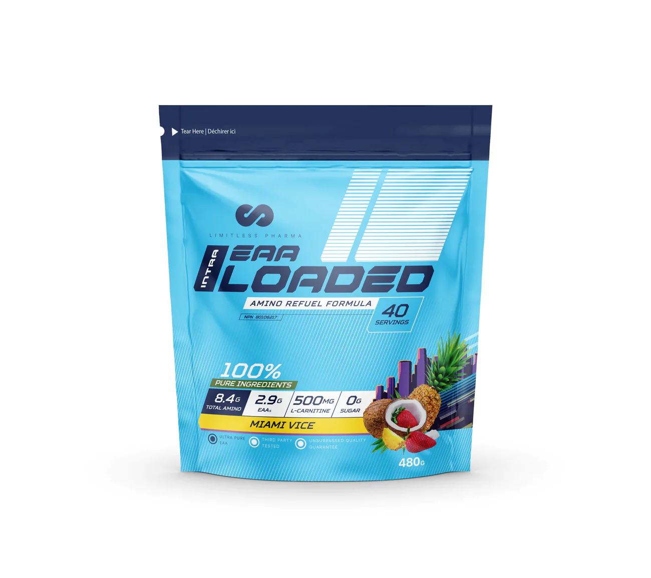 Limitless Pharma EAA supplement package showcasing coconut imagery, designed to enhance energy, hydration, and recovery during workouts.
