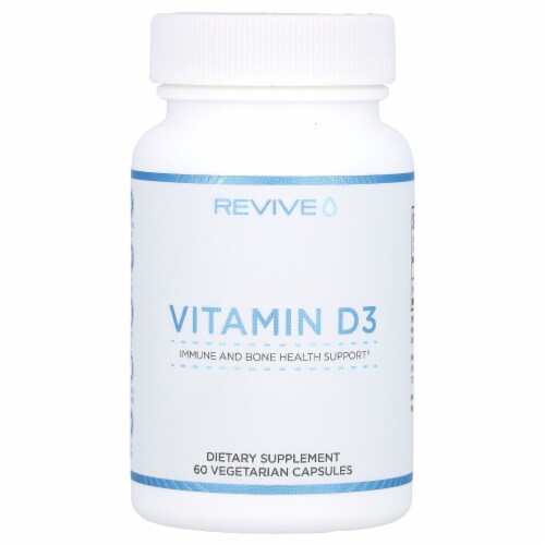 Revive MD Vitamin D3 supplement in a white bottle with blue text, offering 5000 IU of Vitamin D3 to support bone health and immune function.