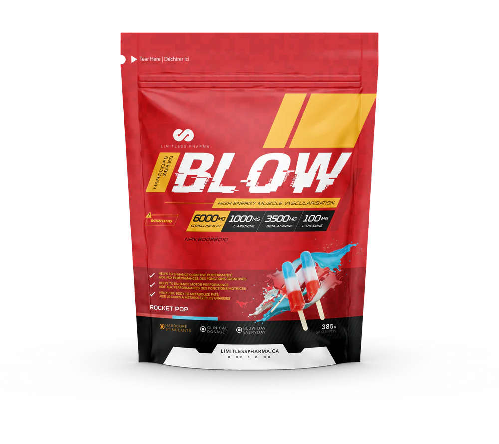 Limitless Pharma BLOW Pre Workout packaging featuring bold white text and popsicle graphics, emphasizing energy and focus for enhanced fitness performance.