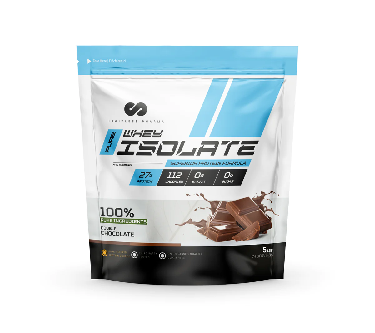 Limitless Pharma Isolate 5lb protein powder package, featuring high protein content for muscle repair and growth, ideal for athletes and fitness enthusiasts.