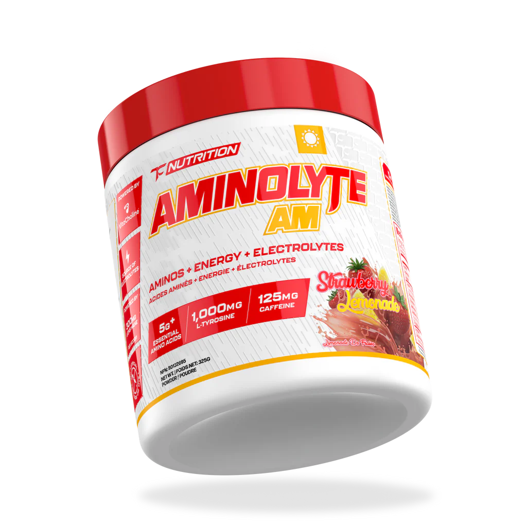 TC Nutrition Aminolyte AM tub with red lid, Strawberry Lemonade flavor, featuring aminos, energy, electrolytes; promotes muscle repair, focus, and hydration.