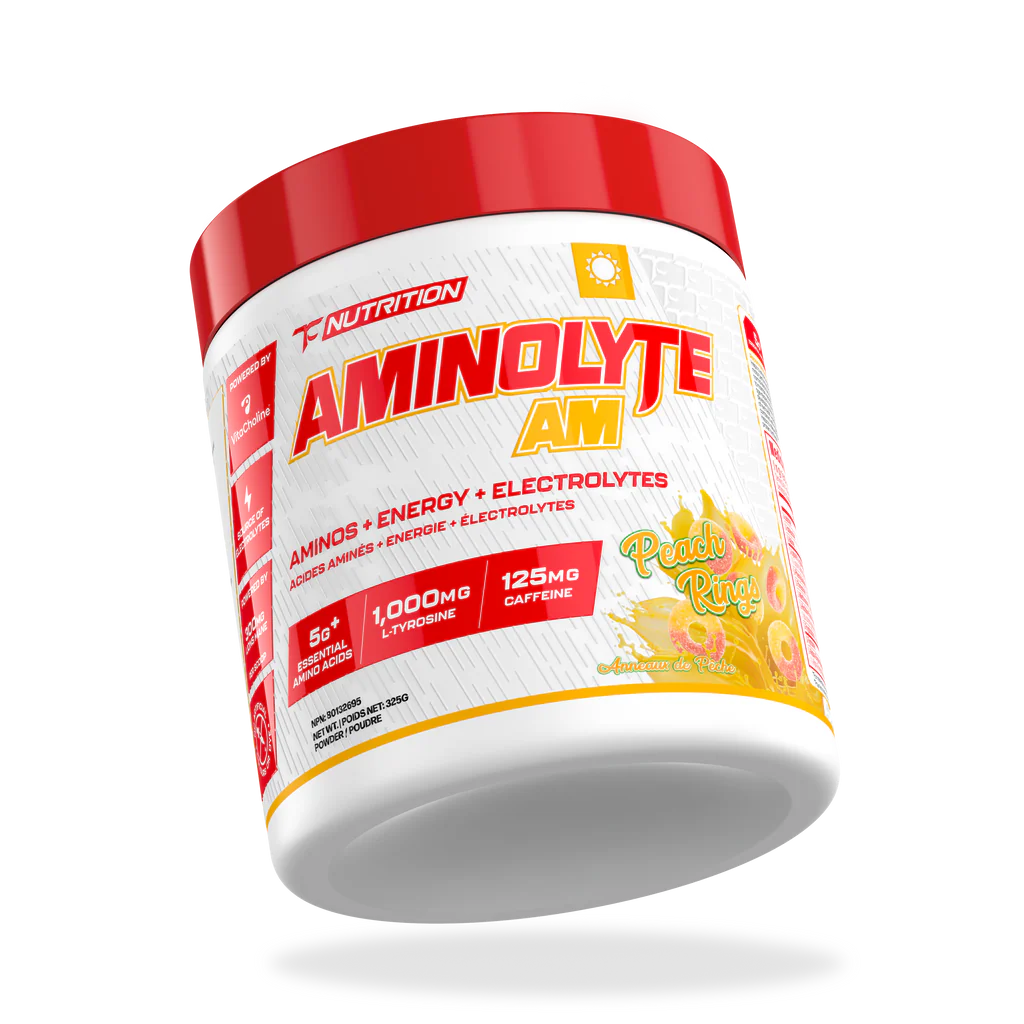 TC Nutrition Aminolyte AM powder tub, peach rings flavor, features 5g EAAs, 1,000mg L-tyrosine, 125mg caffeine, electrolytes, for AM energy and recovery.