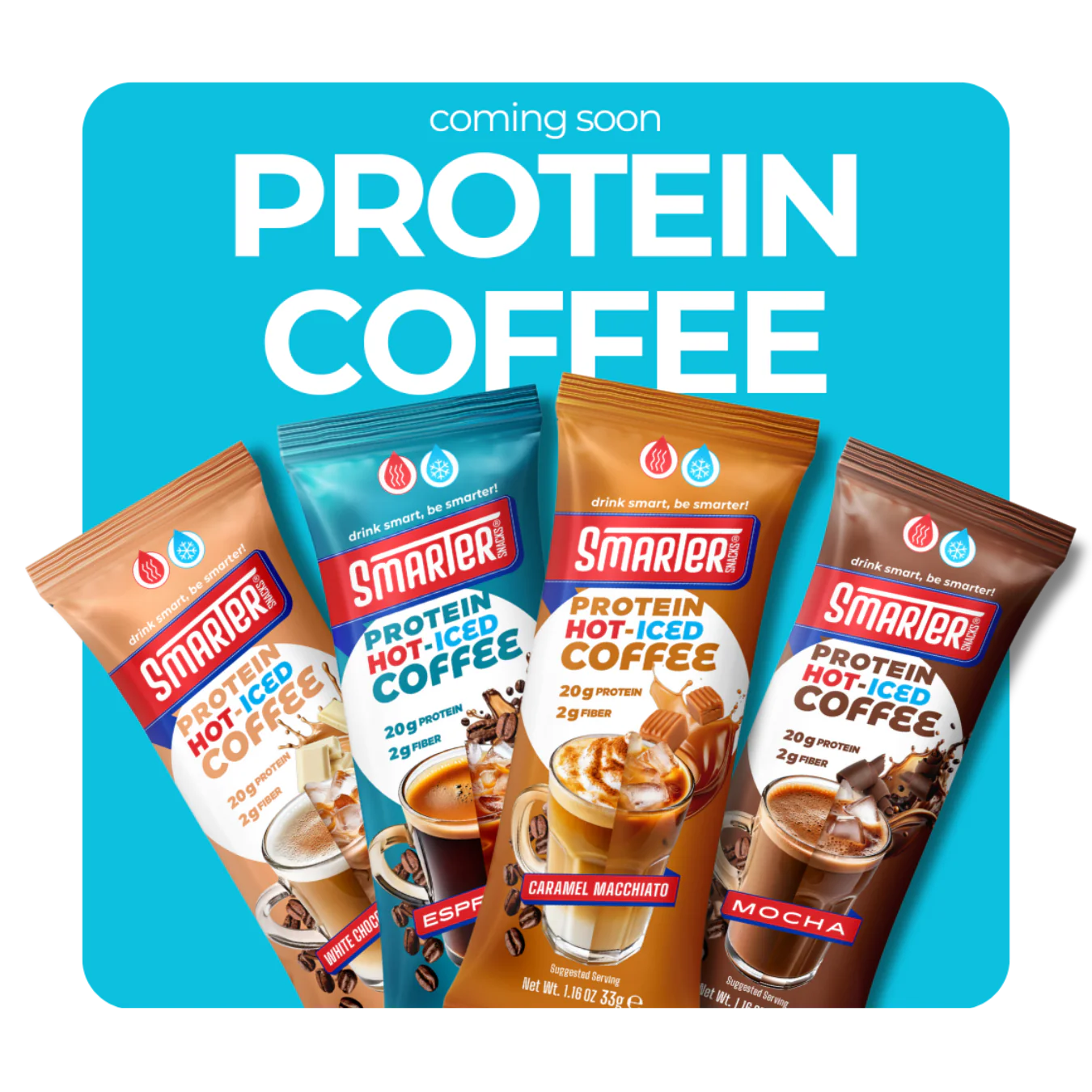 Smarter Protein Coffee bottle with flavors listed: Espresso, Mocha, Caramel Macchiato, White Chocolate Mocha. High protein, fiber-rich drink for energizing mornings or workouts.