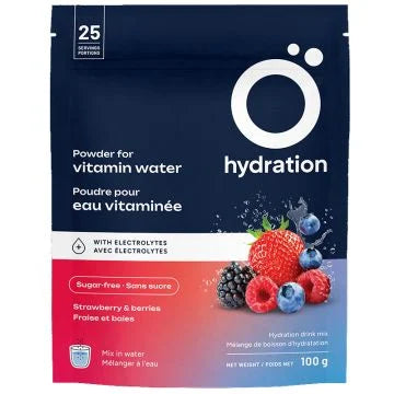 Hydration Vitamized Powder, featuring strawberries and blueberries, supports hydration and reduces fatigue. Mix 4g in 500ml water. Non-GMO, gluten-free, sulphite-free.