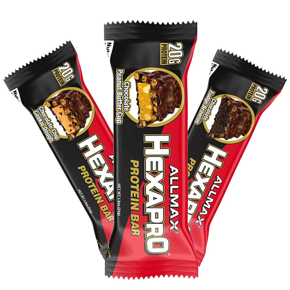 Allmax Hexapro Protein Bar packages, featuring layers of crisp and creamy textures, ideal for post-workout recovery with 20g protein and 4g sugar.