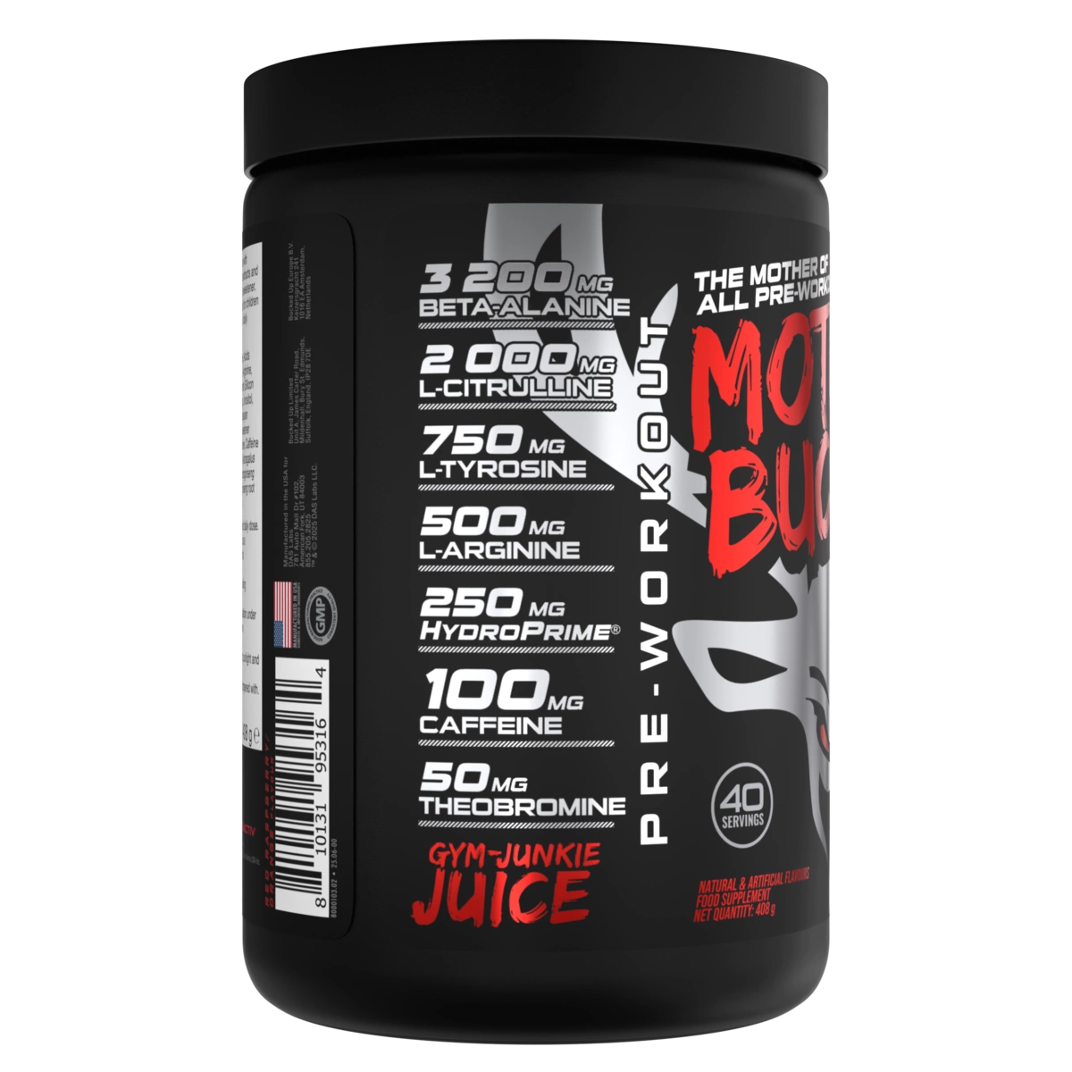 Mother Bucker Pre-Workout 40 serv tub with Gym-Junkie Juice flavor, featuring high doses of Beta-Alanine, L-Citrulline, and Caffeine for elite athletes.