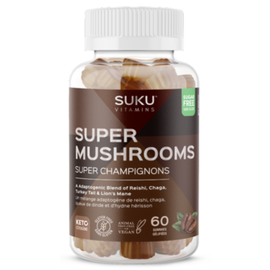 SUKU Super Mushrooms bottle with white cap, containing gummies made from reishi, chaga, turkey tail, and lionโs mane for adaptogenic support.