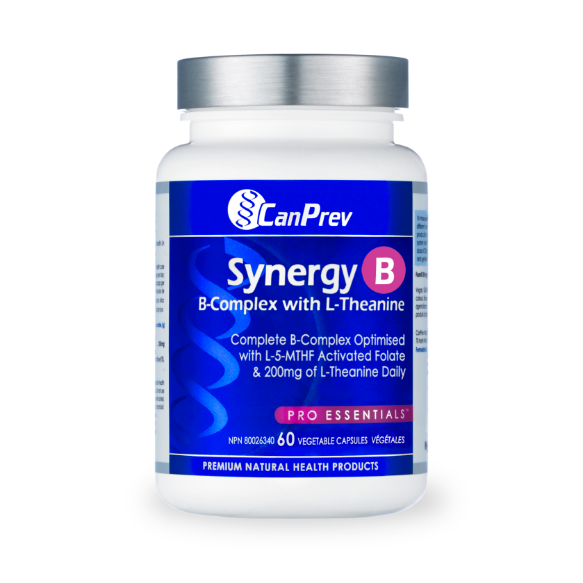 CanPrev Synergy B 60 cap bottle with blue label, offering a complete B complex with L-Theanine for mental relaxation, supporting fitness and wellness.