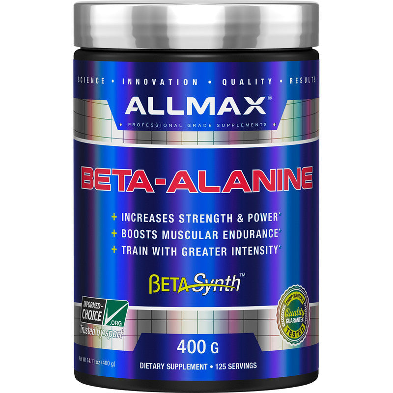 Allmax Beta Alanine 400g in a blue and silver container with a silver lid, designed to enhance athletic performance.