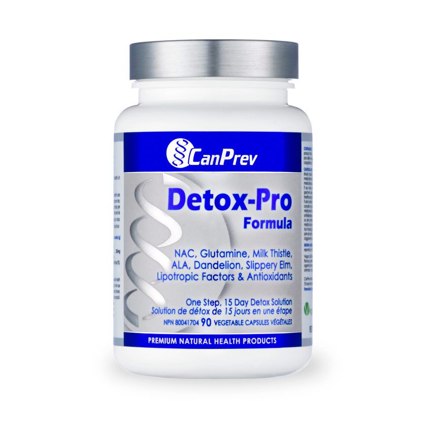 CanPrev Detox Pro white bottle with blue label, designed as a 15-day liver detox solution, supports toxin removal for enhanced well-being.
