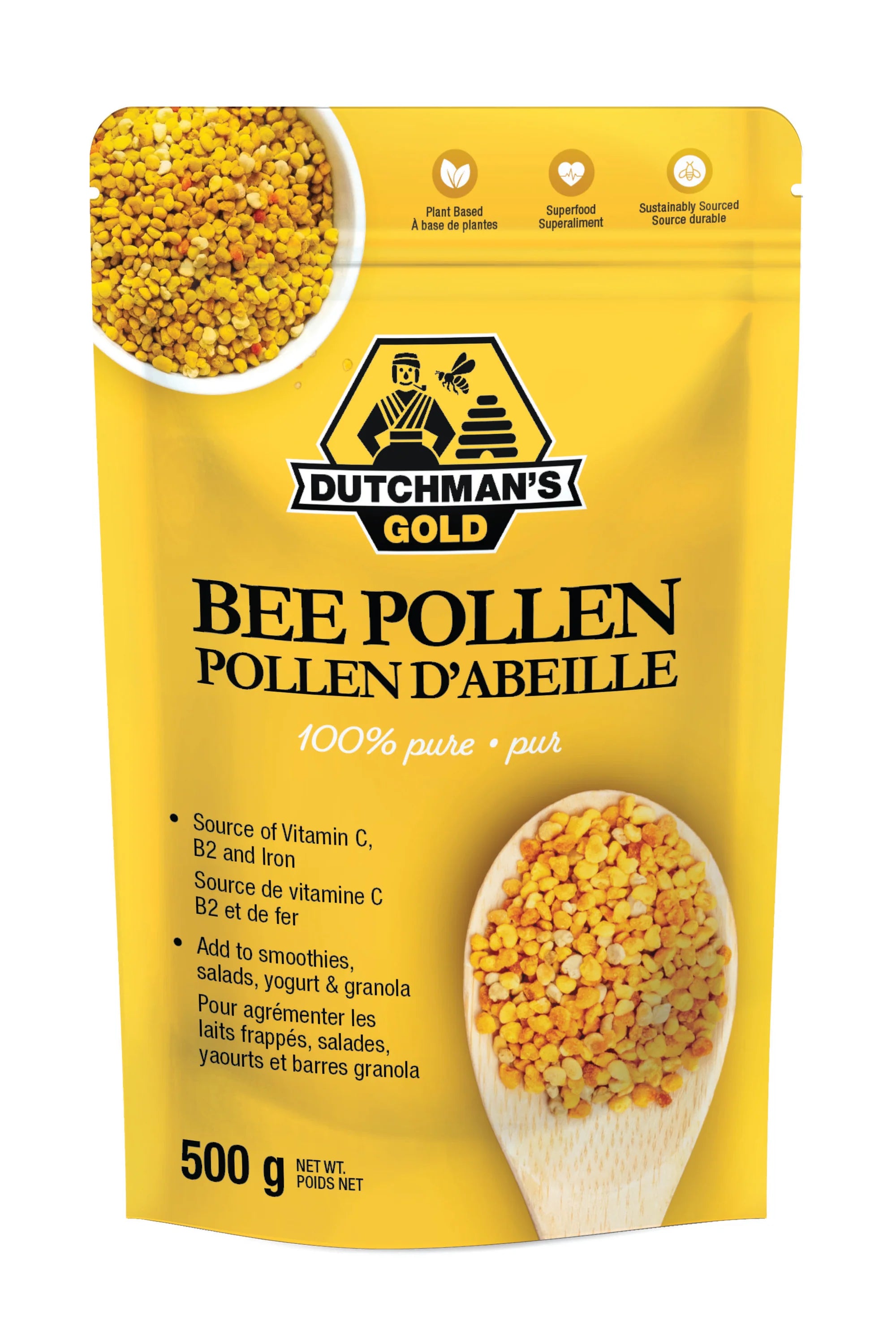 Dutchmans Gold Pure Bee Pollen Granules in a package, labeled with a bee logo, highlighting nutritional benefits for energy, immunity, and digestion.