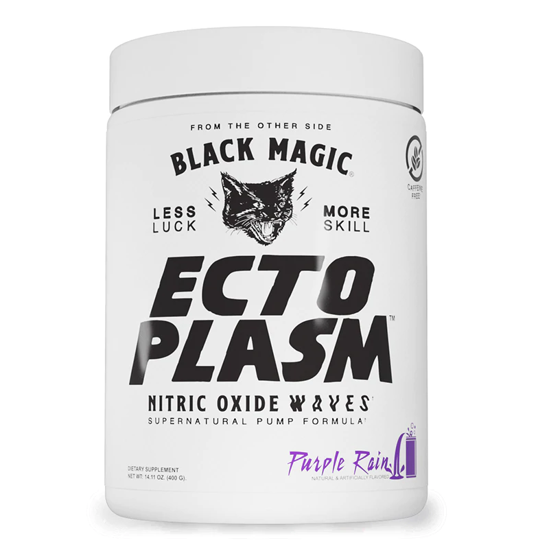 Black Magic Ectoplasm Non-Stim Pre Workout in a white container with a black cat design, offers a potent caffeine-free pump formula for enhanced gym performance.