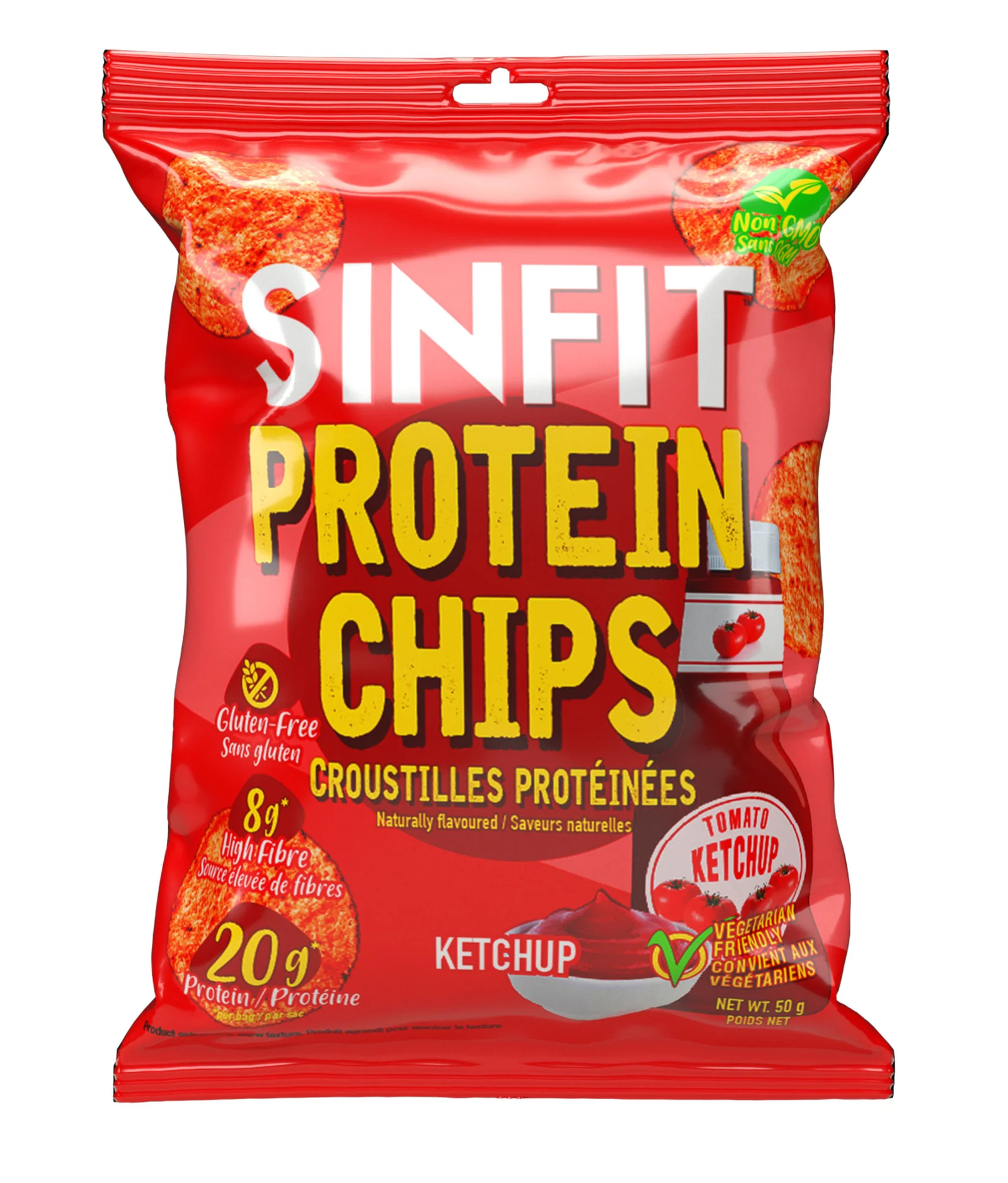 SINFIT Protein Chips bag, showcasing high-protein, puffed snack with crunchy texture, promoting guilt-free snacking and low-carb benefits for active lifestyles.