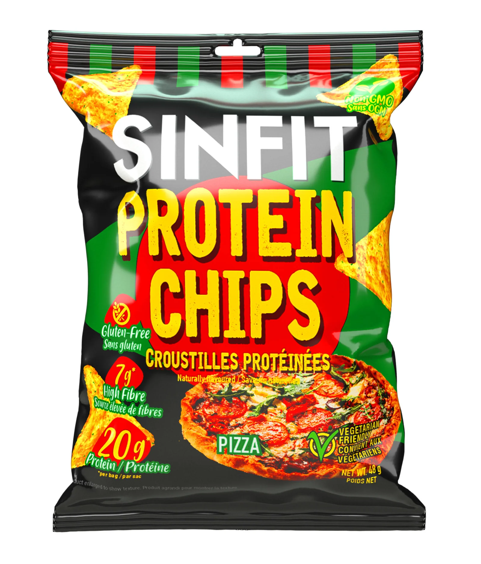 SINFIT Protein Chips bag featuring a prominent label and logo, designed for a nutritious, high-protein snack with a crunchy texture.