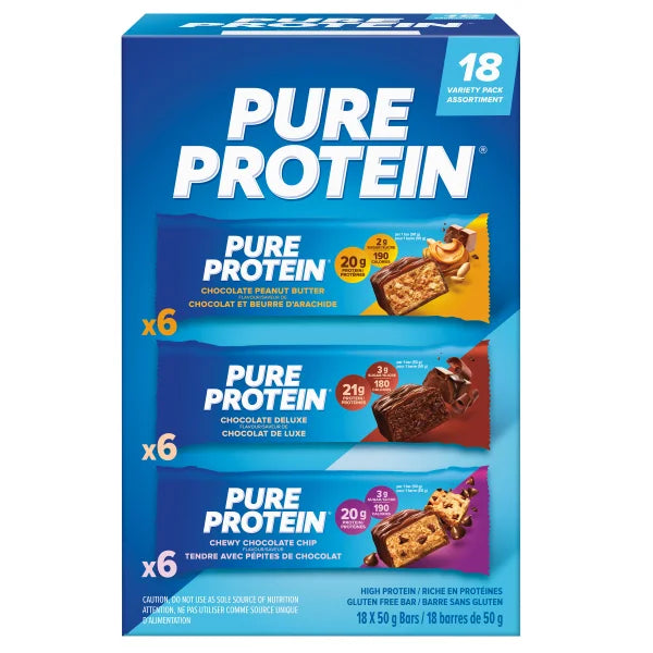 Close-up of Pure Protein Bars package featuring assorted flavors, ideal for athletes and fitness enthusiasts, available at Sector 6 Supplements for enhanced training support.