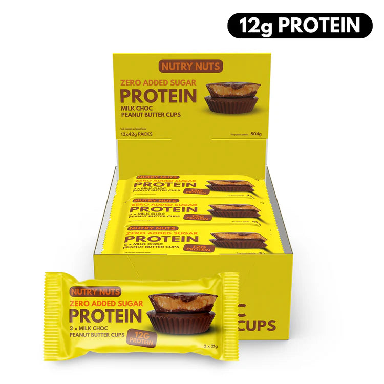 Nutry Nuts Zero-Added-Sugar Protein Milk Choc Peanut Butter Cups in a yellow box, featuring 12 packs with 12g protein each. Perfect for fitness enthusiasts.