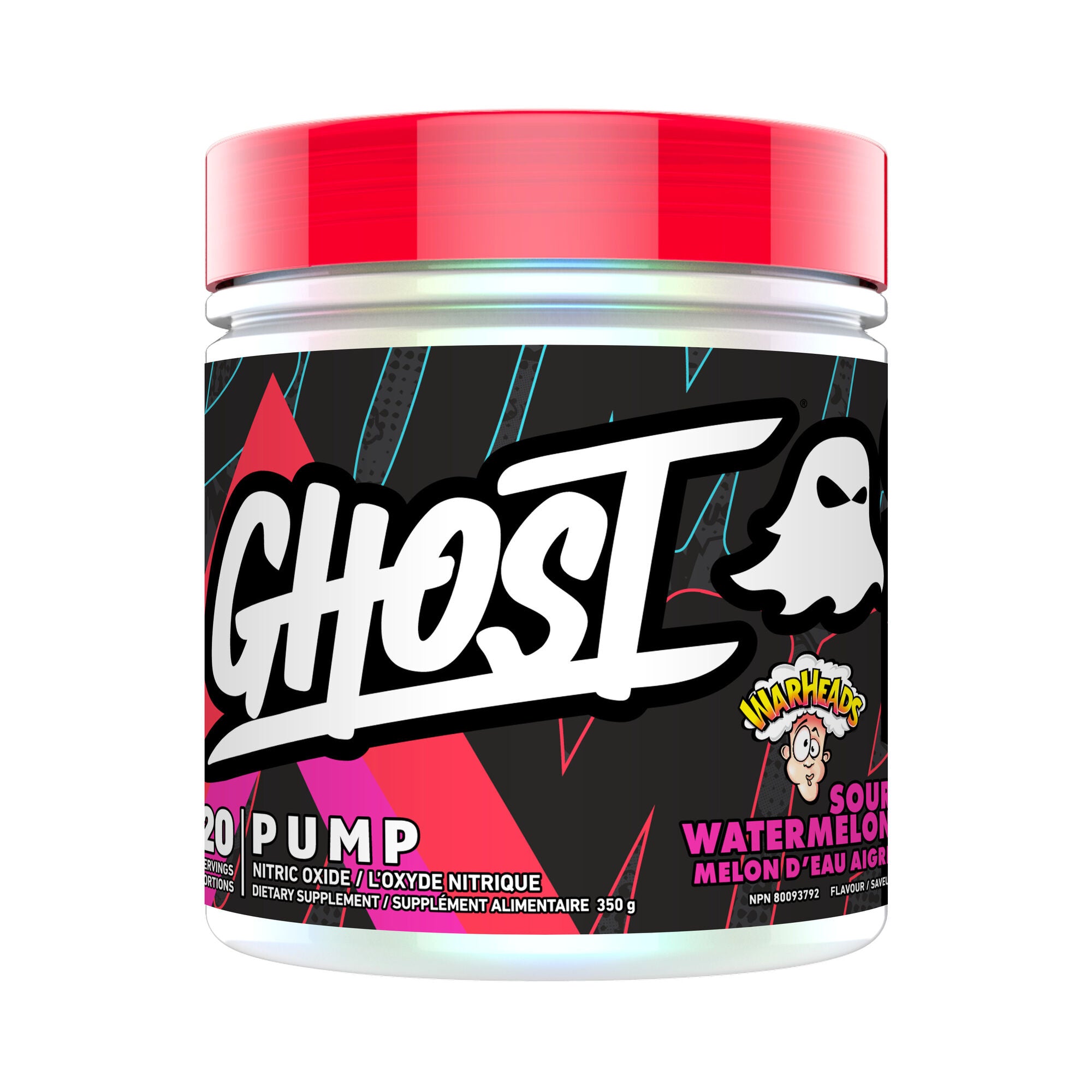 GHOST Pump 40 Serv container with red lid, showcasing nitric oxide formula emphasizing transparency and premium ingredients for optimal fitness performance.