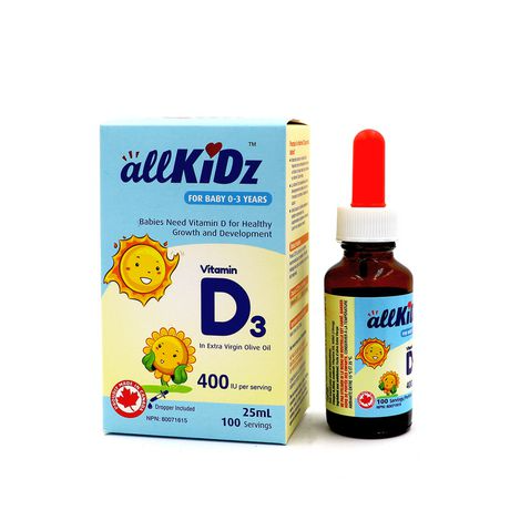 AllKidz Vitamin D3 Drops, 25ml bottle with dropper, supports children's growth. Features cartoon sun, no artificial additives, gluten-free, in extra virgin olive oil.