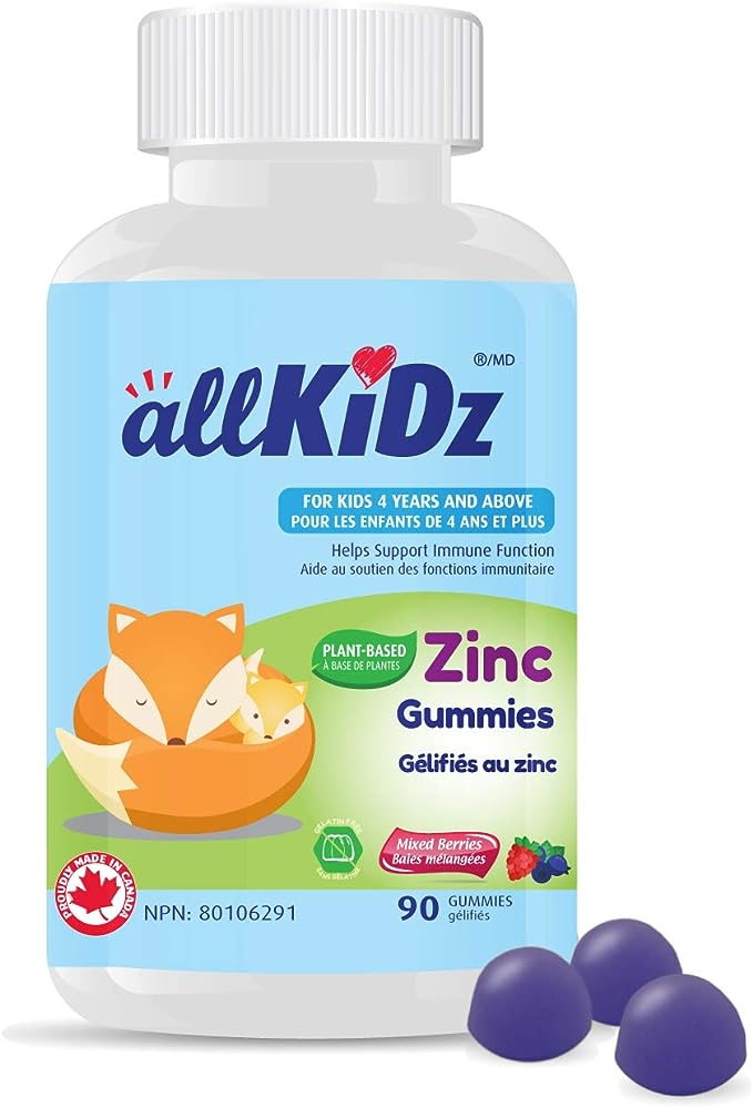 AllKidz Zinc Gummies bottle with blue label, offering plant-based, teeth-friendly zinc supplements for kids' immunity, enhancing fitness and health from Sector 6 Supplements.