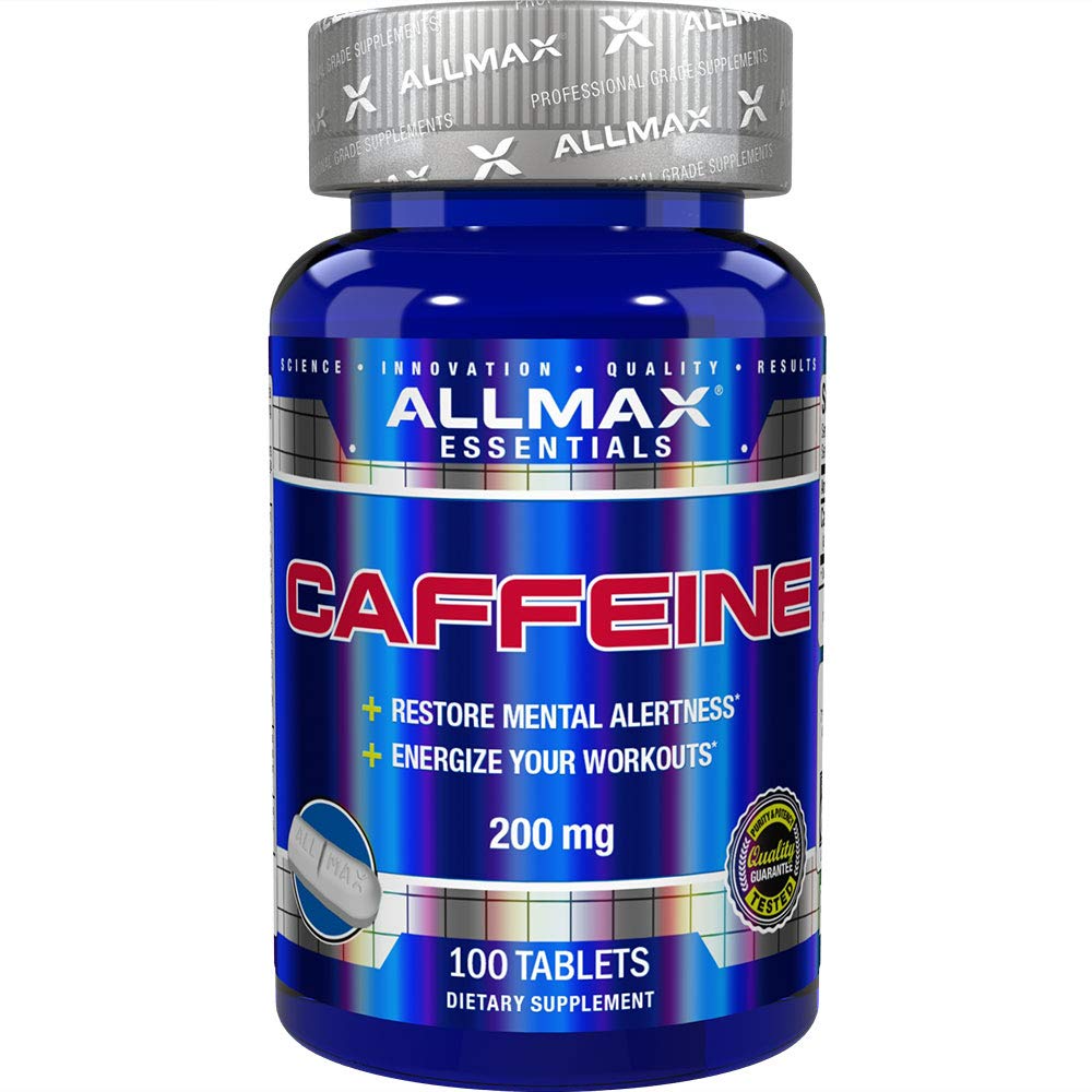 Allmax Caffeine Pills in a blue bottle with a silver lid, featuring a logo; 100 tablets to enhance focus and support workouts.