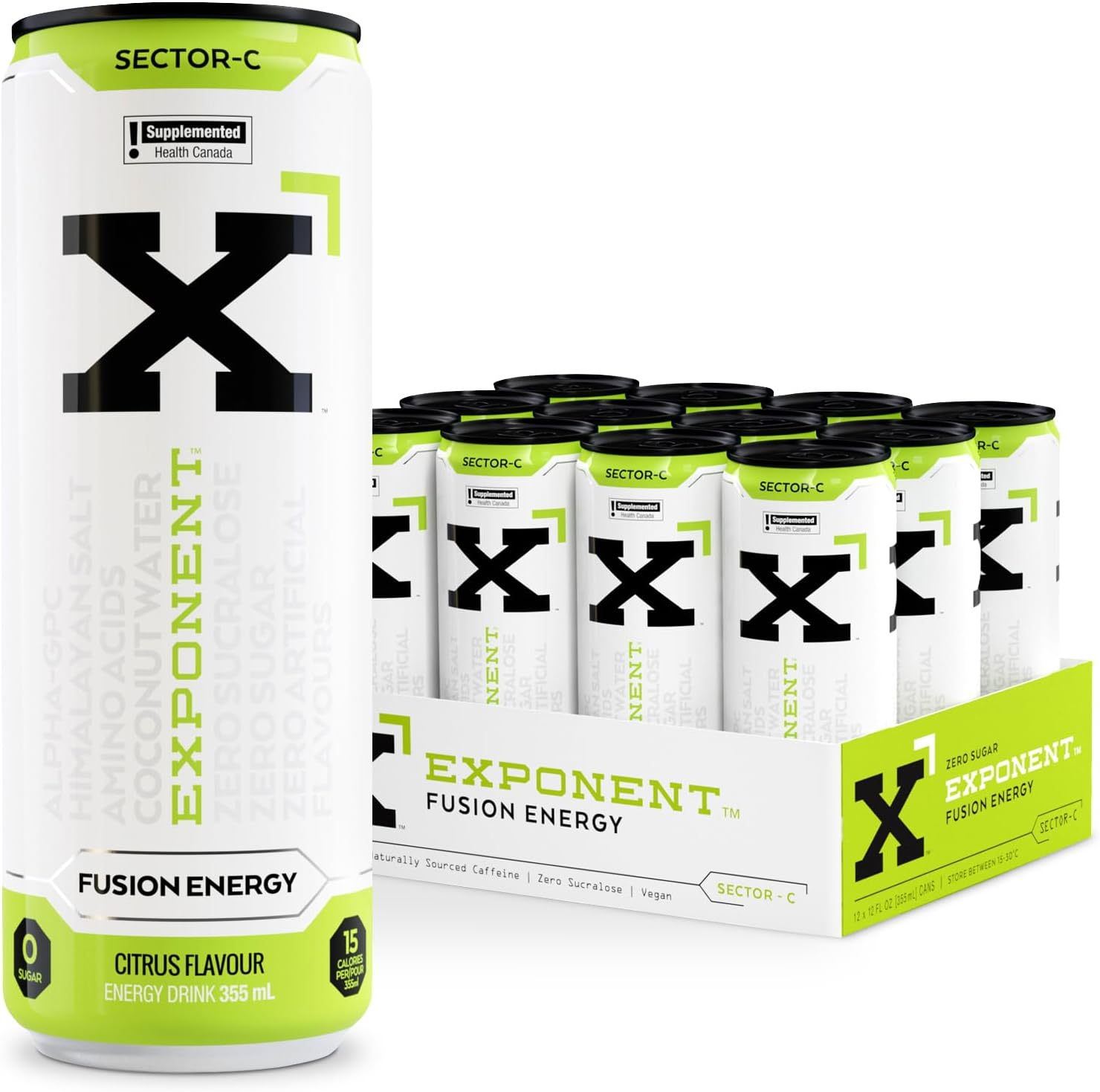 Xponent Fusion Energy Case of 12, featuring green and white cans, offers a sugar-free citrus energy boost with BCAAs and natural caffeine.