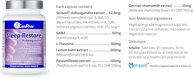 Canprev Sleep-Restore bottle with a purple label, featuring a close-up of its capsule and medical information, a product from Sector 6 Supplements.