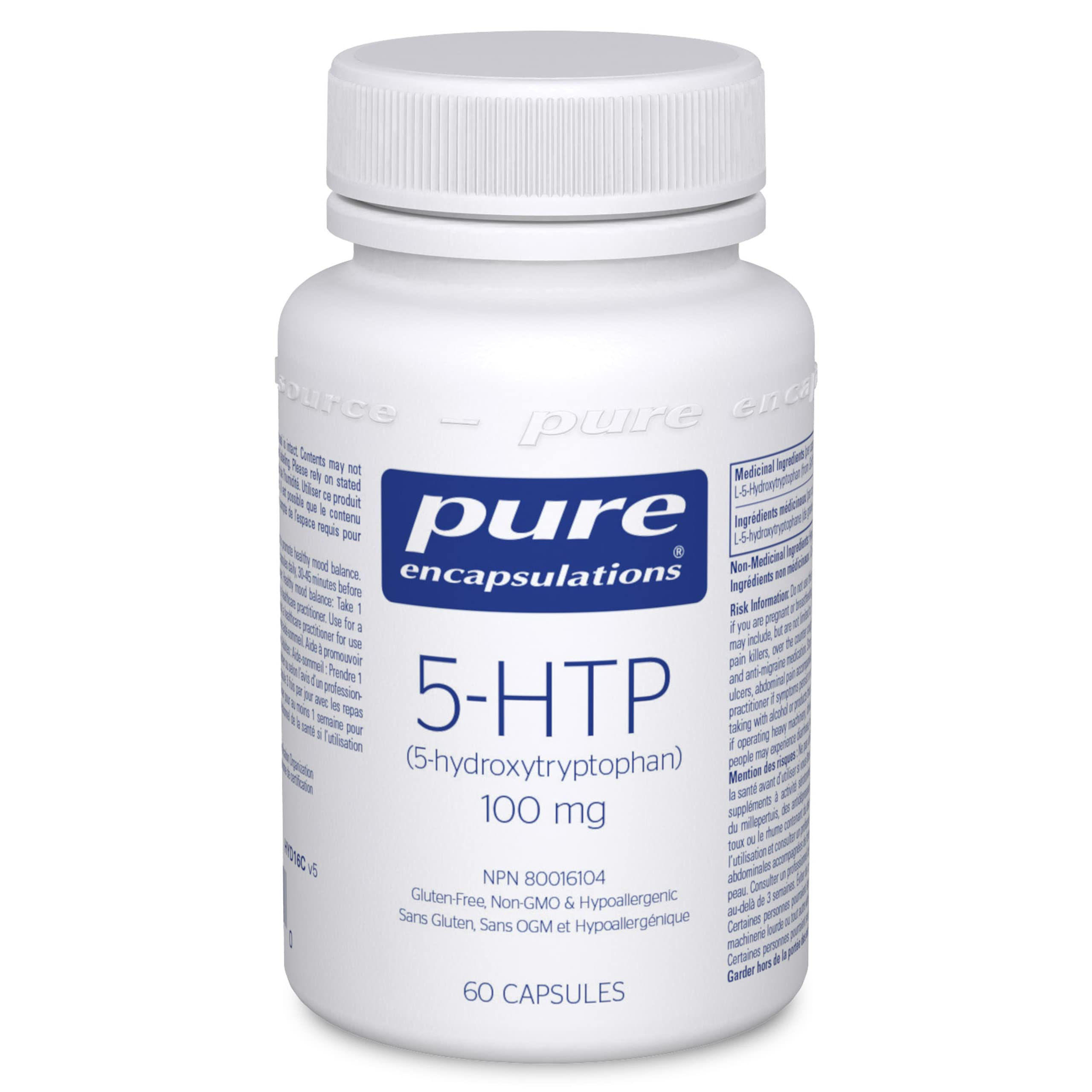 Pure Encapsulations 5-HTP bottle with blue text and white cap, a dietary supplement supporting mood, sleep, and appetite, from Sector 6 Supplements.