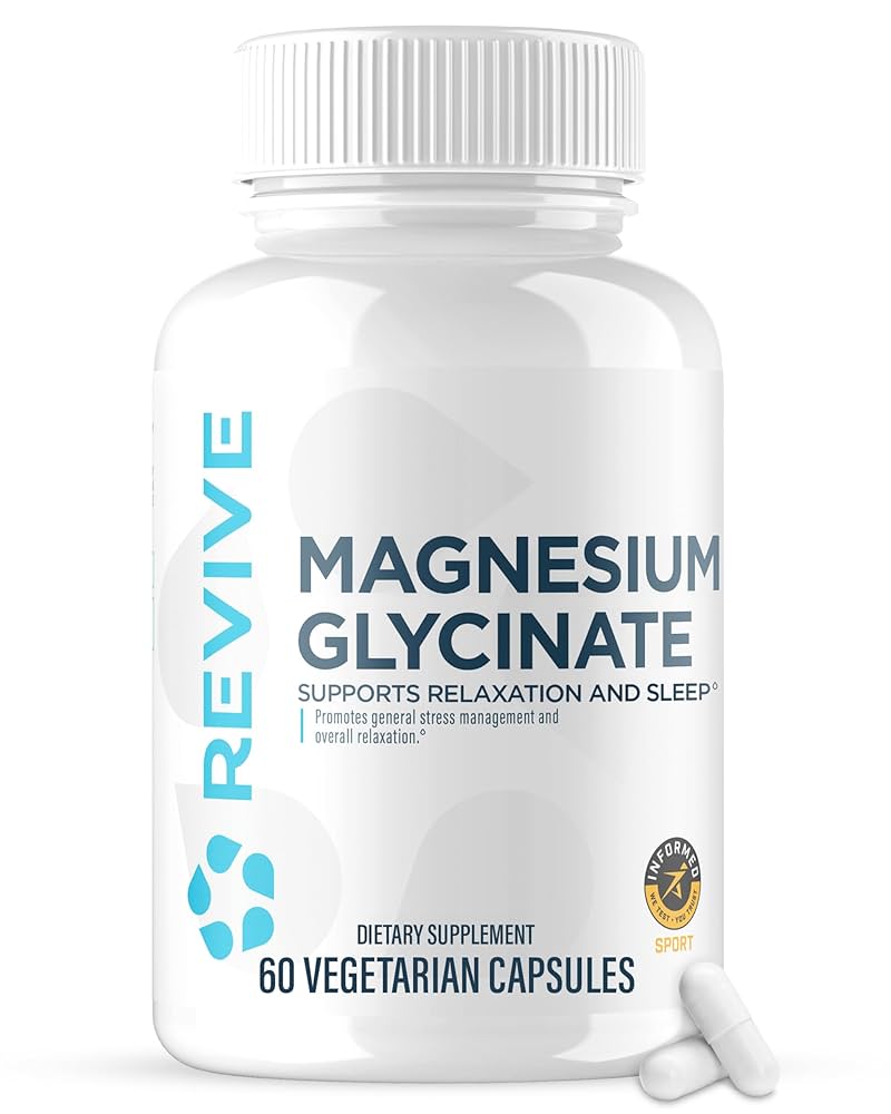 Revive Magnesium Glycinate supplement bottle with two capsules, promoting relaxation, stress management, and sleep; Informed Sport certified for safety and quality.