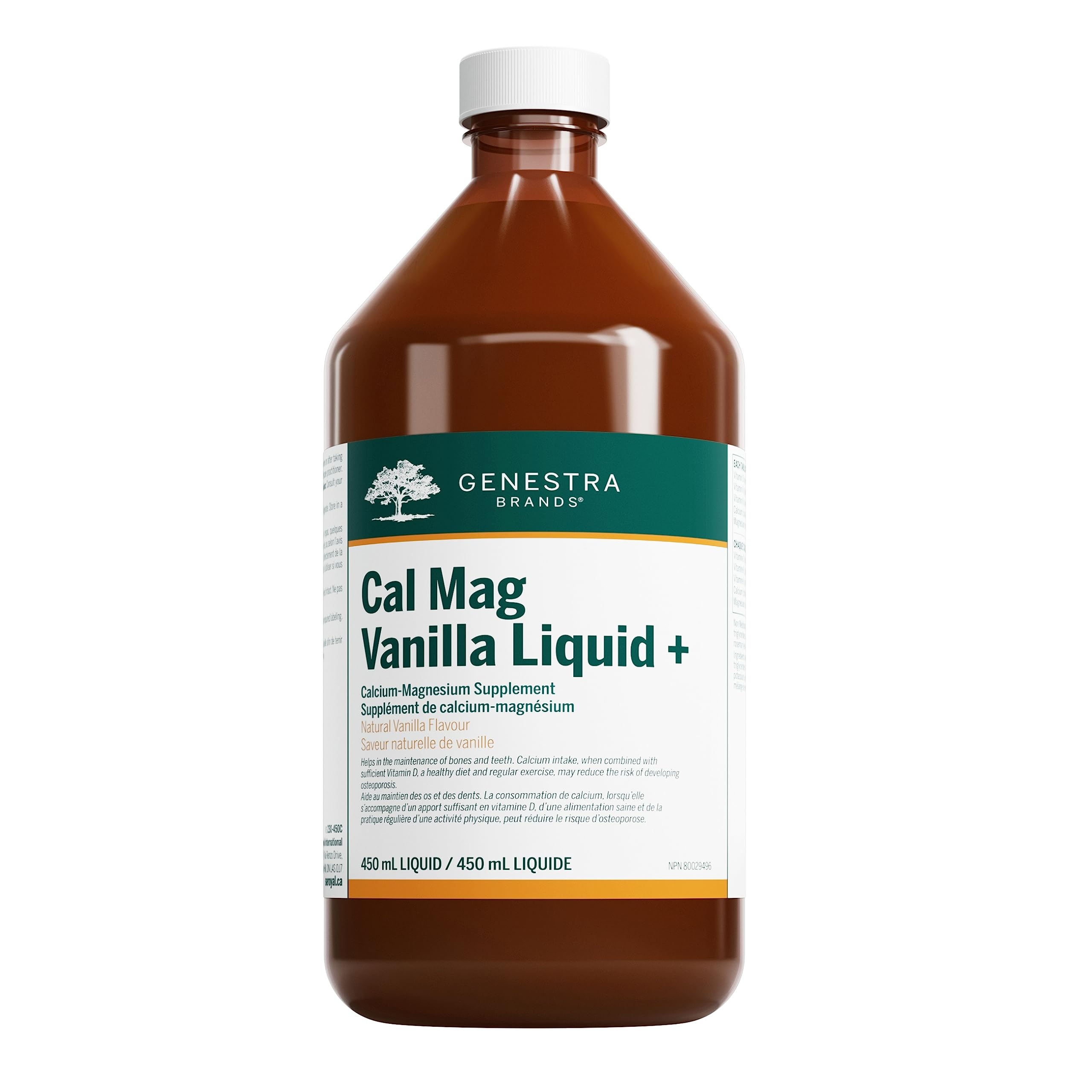 Genestra Cal Mag Liquid 450ml bottle with a white label, featuring magnesium, calcium, and vitamin D for musculoskeletal support, ideal for fitness enthusiasts.