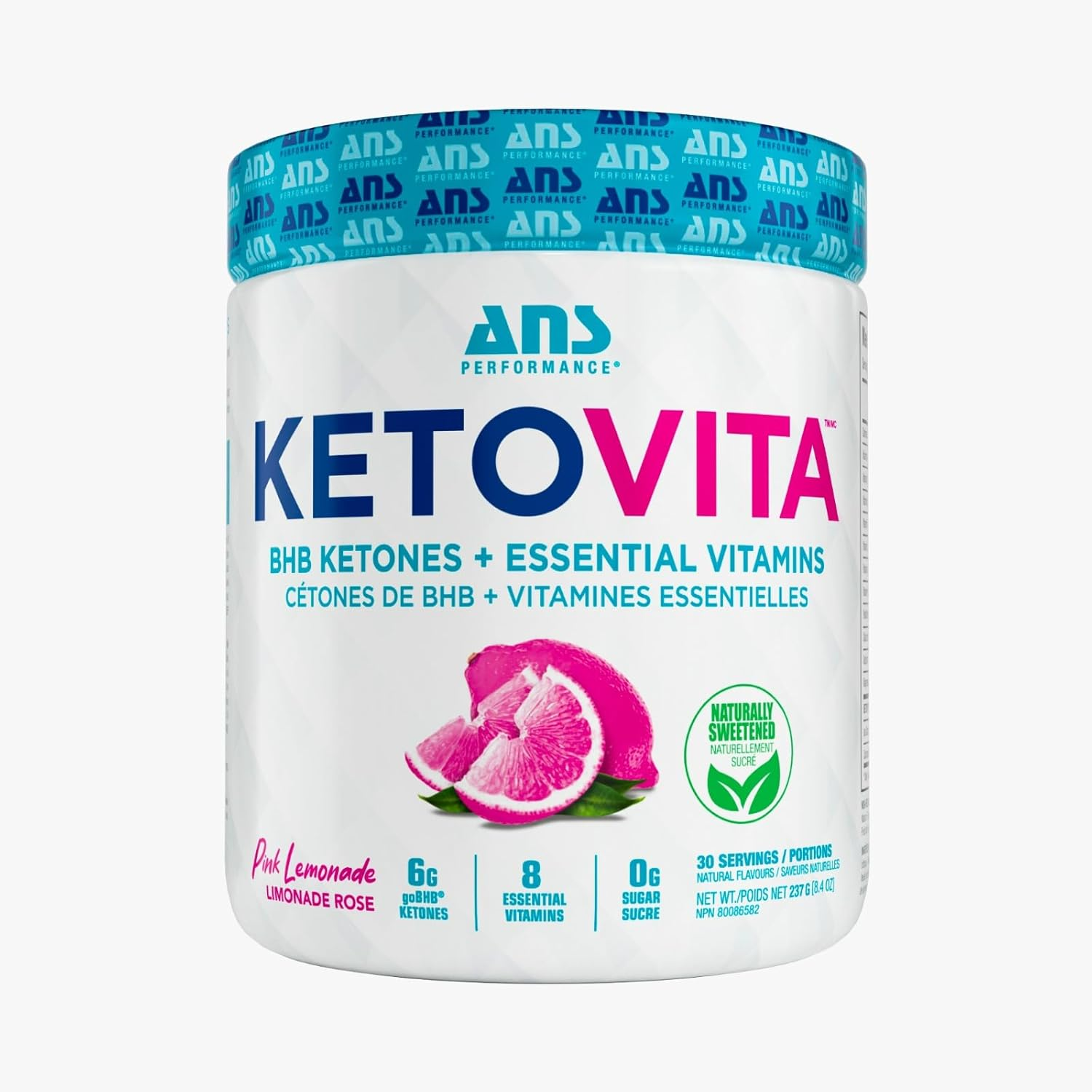 ANS Performance KetoVita tub, Pink Lemonade flavored powder, offers BHB ketones and essential vitamins; 30 servings, zero sugar, naturally sweetened, for energy and metabolism support.
