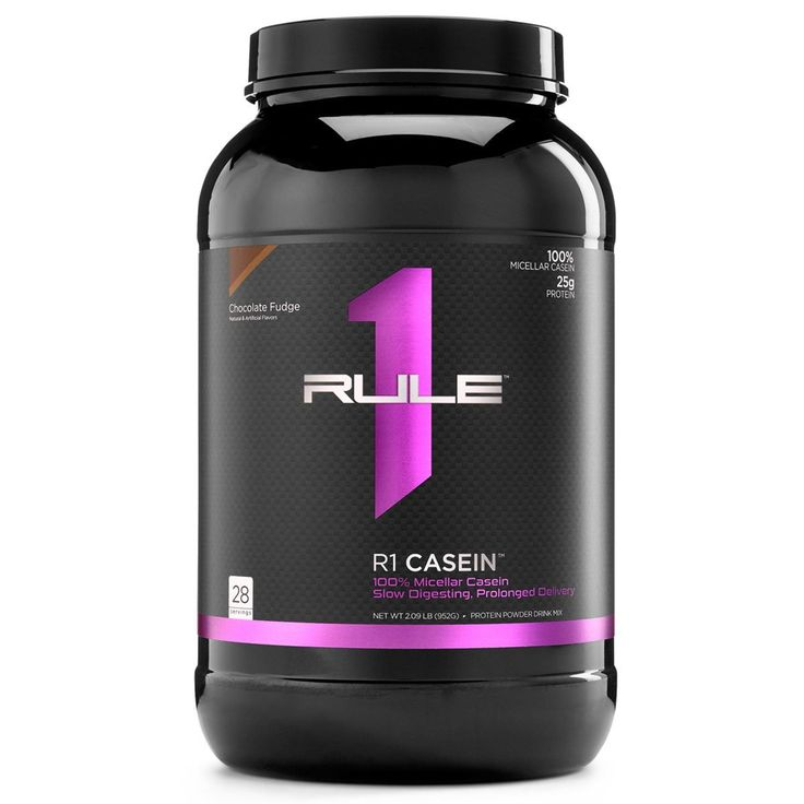 Rule 1 Casein 2lb container with a purple label, designed for slow amino acid delivery, ideal for overnight muscle nourishment and extended protein intake.