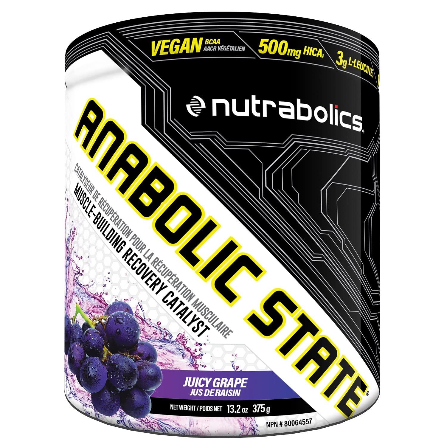 Nutrabolics Anabolic State 30 Serv container featuring black text and grape imagery, emphasizing BCAA and HICA recovery benefits for muscle building and accelerated recovery.