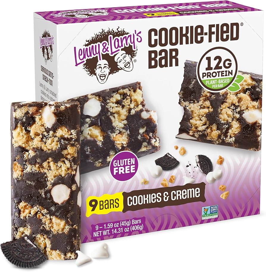 Lenny and Larry's Cookie Fied Bar, a 45g plant-based protein snack with crunchy cookie bits, ideal for fitness enthusiasts seeking a gluten-free, vegan-friendly option.