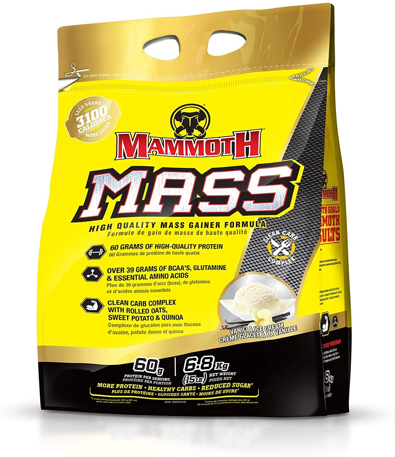Mammoth Mass 15lb protein powder in yellow packaging, featuring text and a scoop of ice cream image, ideal for muscle building and clean calorie intake.
