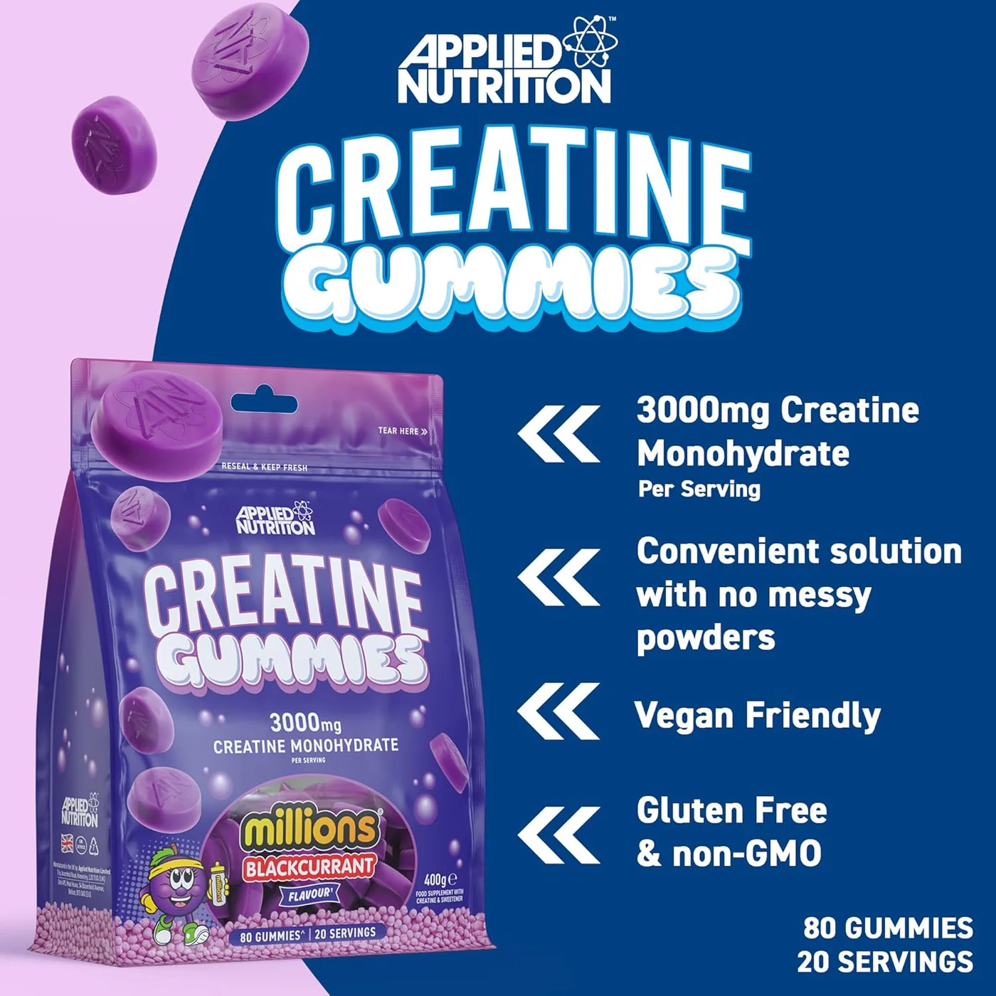Applied Nutrition Creatine Monohydrate Gummies in a bottle, providing 3000mg creatine per serving for enhanced workout performance, ideal for athletes and fitness enthusiasts.