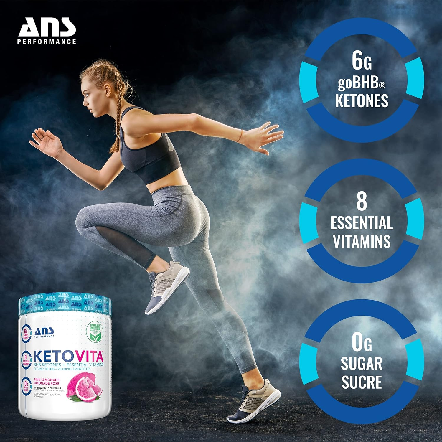 ANS Performance KetoVita supplement tub in Pink Lemonade flavor with BHB Ketones + Essential Vitamins, featuring nutritional highlights and a fit woman leaping energetically.