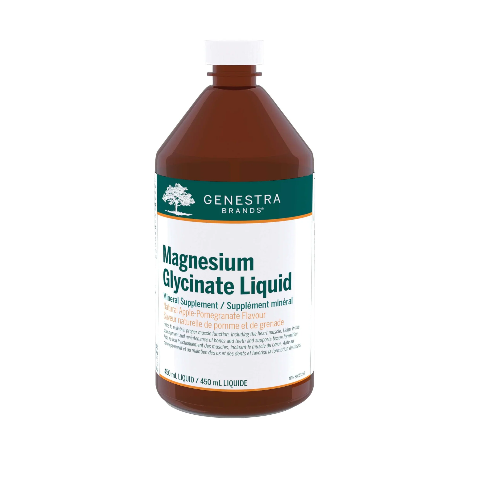 Genestra Magnesium Glycinate Liquid 450ml bottle with white label featuring a green and white logo, promoting muscle function and bone health.