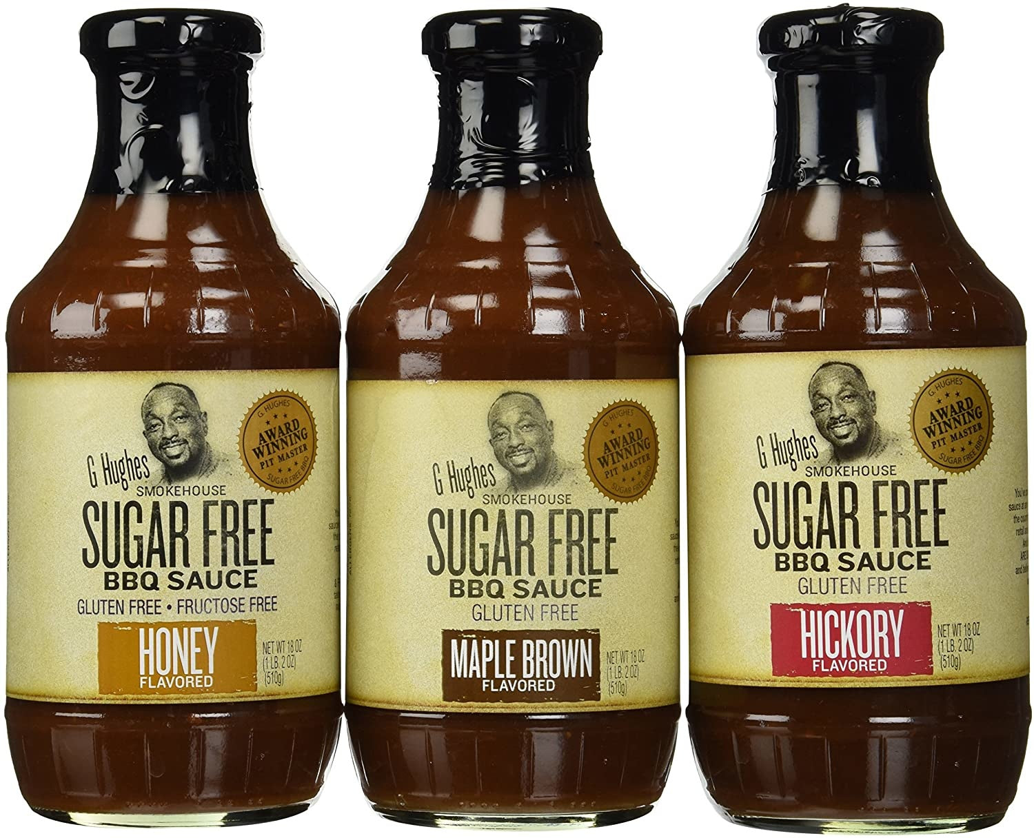 G Hughes Sugar Free BBQ Sauce bottles, showcasing a sugar-free, gluten-free option ideal for health-conscious grilling enthusiasts.