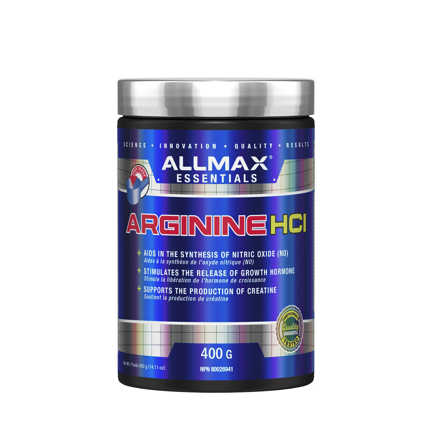 Allmax Arginine HCL in a blue container with a silver lid, enhancing blood flow and performance, ideal for fitness enthusiasts.