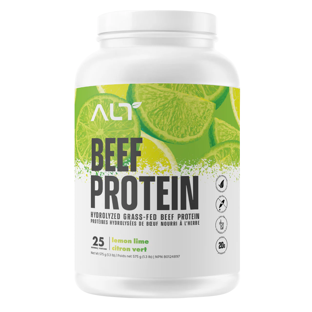 ALT Beef Protein 25 Serv tub featuring hydrolyzed grass-fed beef protein isolate, naturally flavored and sweetened with monk fruit, ideal for easy digestion and fitness supplementation.