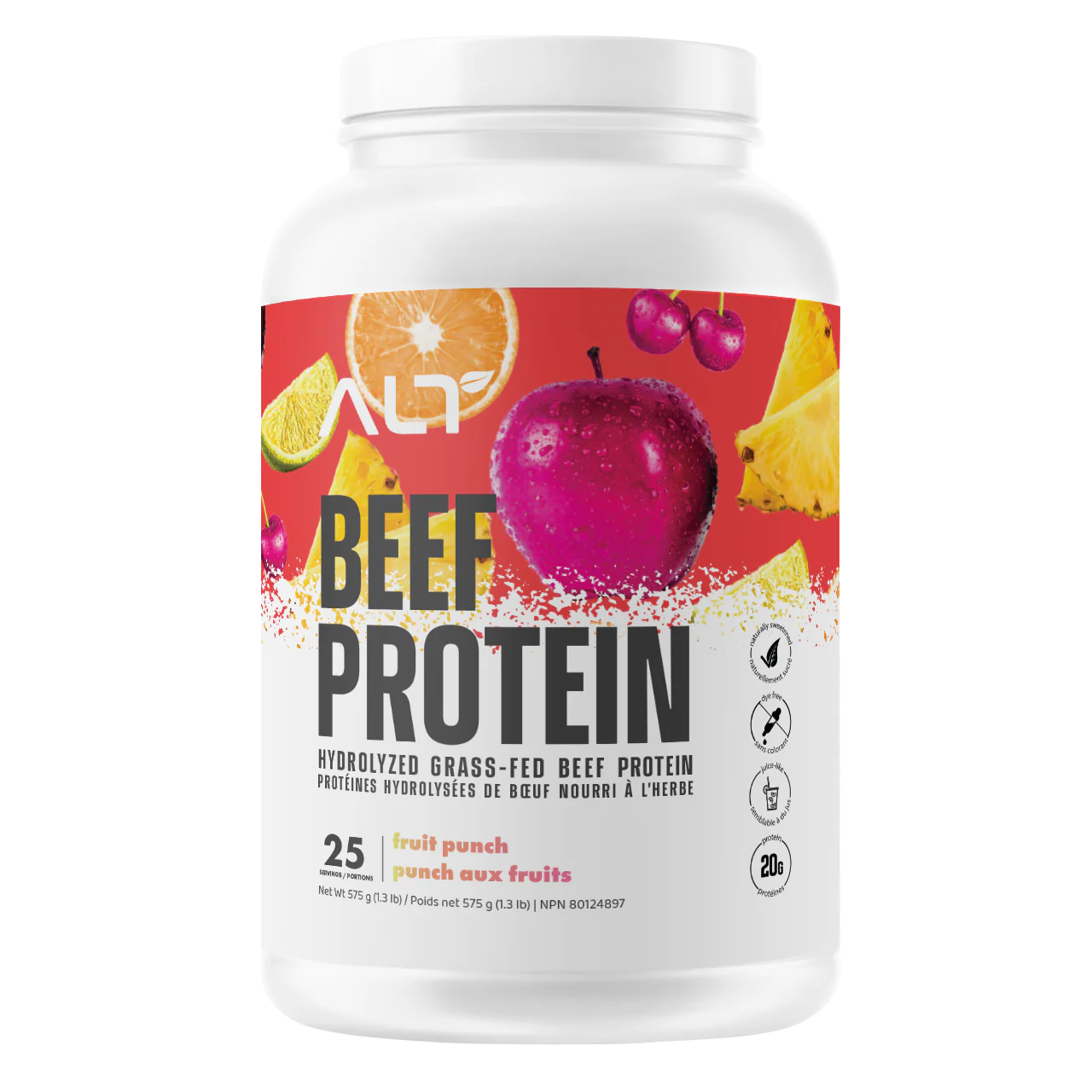 ALT Beef Protein 25 Serv tub, featuring grass-fed hydrolyzed beef protein isolate, dairy-free and naturally sweetened with monk fruit, ideal for fitness enthusiasts seeking a light, easy-to-digest protein supplement.