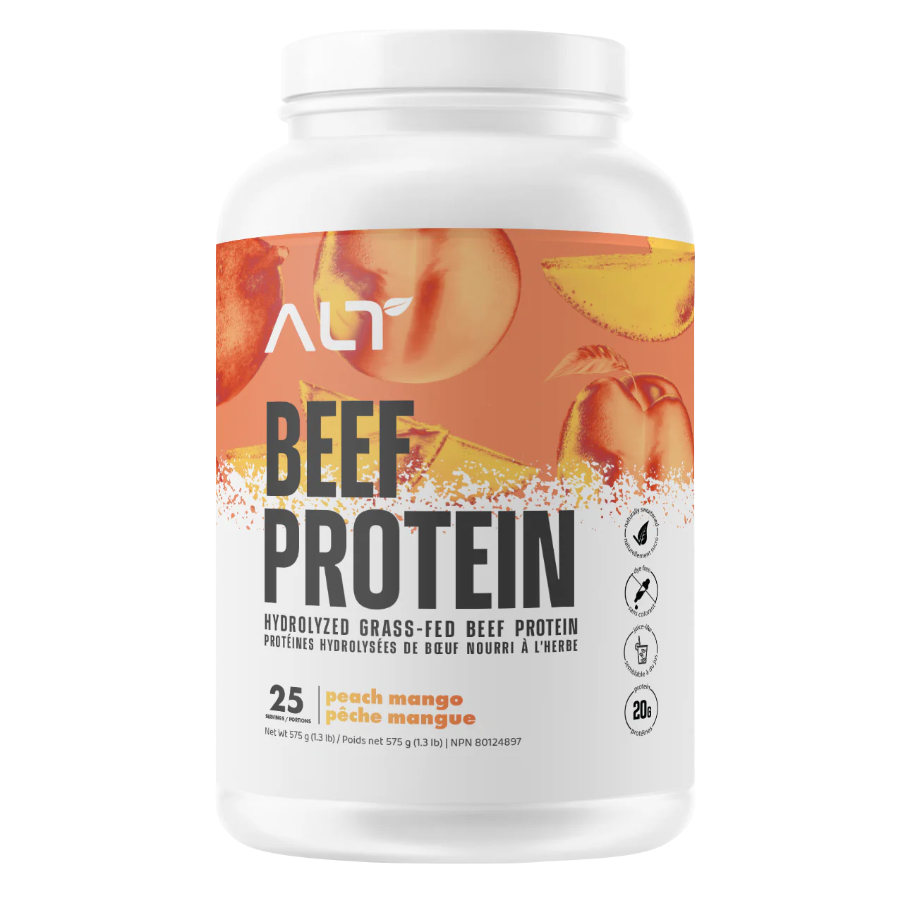 ALT Beef Protein 25 Serv tub, featuring grass-fed hydrolyzed beef protein isolate, dairy-free and monk fruit sweetened, ideal for fitness enthusiasts seeking non-dairy protein supplementation.