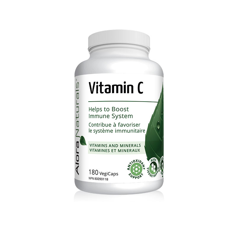 Alora Naturals Vitamin C 180cap, a white bottle with a green label, supports immune function, collagen formation, and cardiovascular health, promoting overall fitness and wellness.