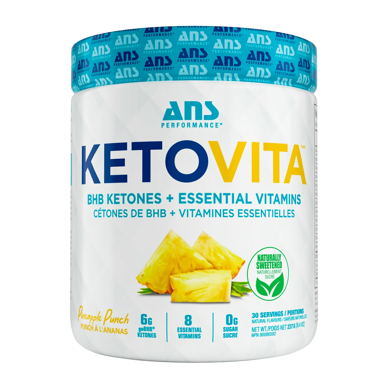 ANS Performance KetoVita Pineapple Punch, a dietary supplement with 6g BHB ketones and 8 essential vitamins, offers 30 sugar-free servings, enhancing energy and metabolism.