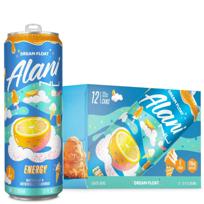 Alani Nu Energy Drink Case of 12, featuring cans with lemon and ice cream imagery, ideal for fitness enthusiasts seeking a flavorful energy boost.