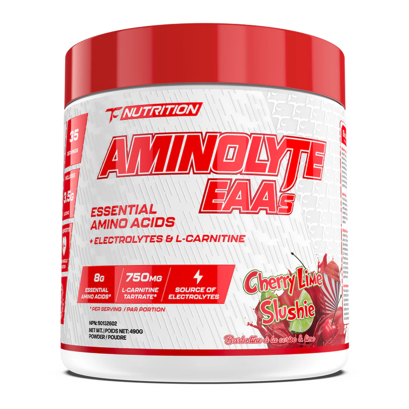 TC Nutrition Aminolyte EAA 35 Serv container, promoting muscle recovery and hydration with essential amino acids, electrolytes, and L-Carnitine tartrate for fitness enthusiasts.