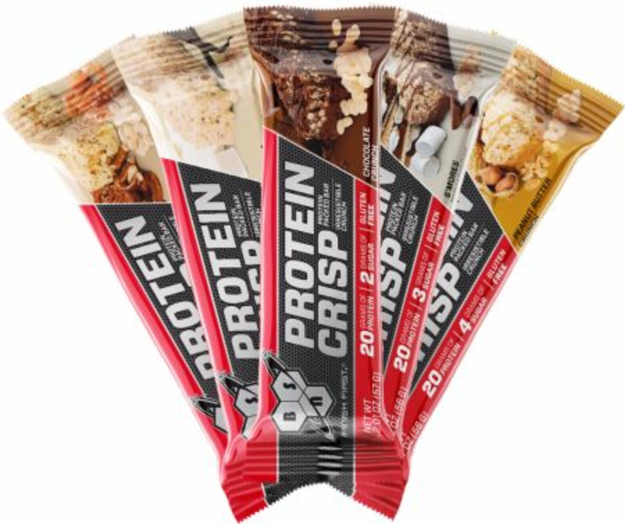 BSN Protein Crisp Bar pack showcasing a crunchy, gluten-free snack with a 20g protein blend, ideal for fueling fitness and health goals.