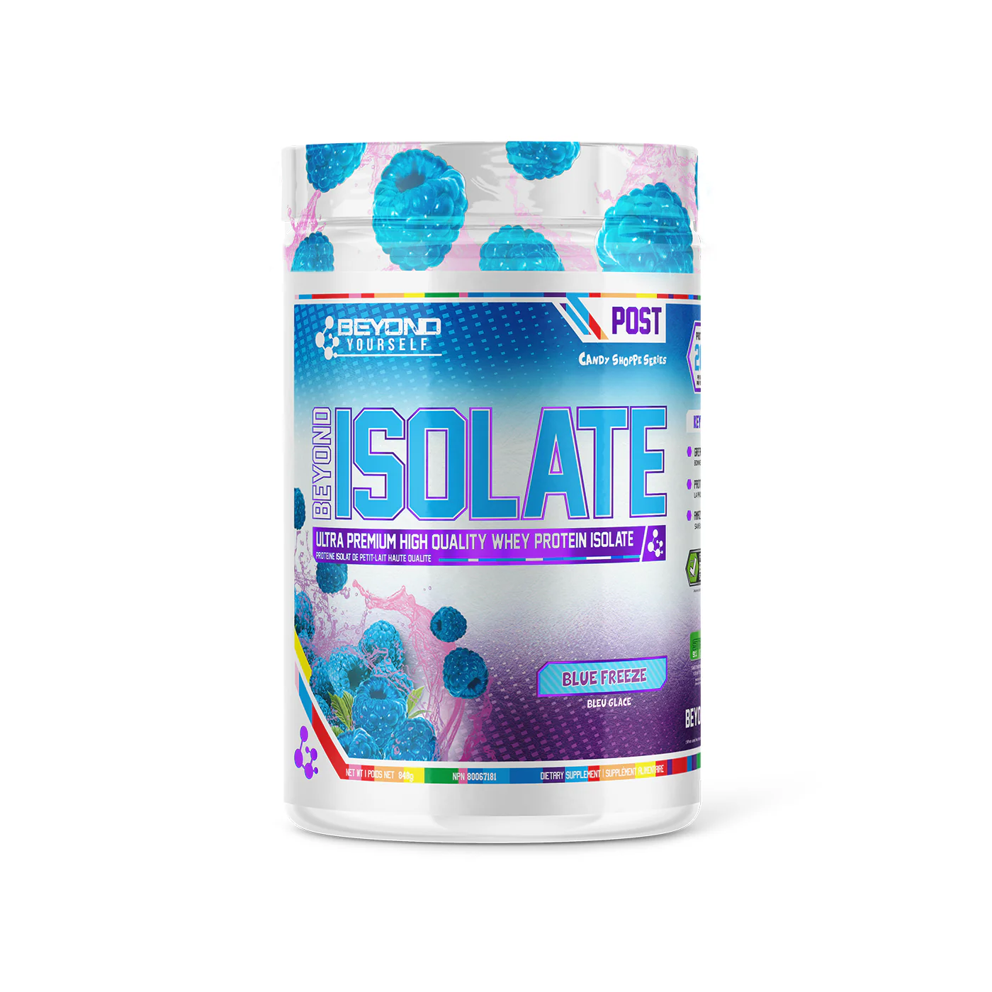 Beyond Yourself Isolate Candy 848g container with blue and purple design, featuring nostalgic candy flavors in a premium whey protein isolate for fitness enthusiasts.