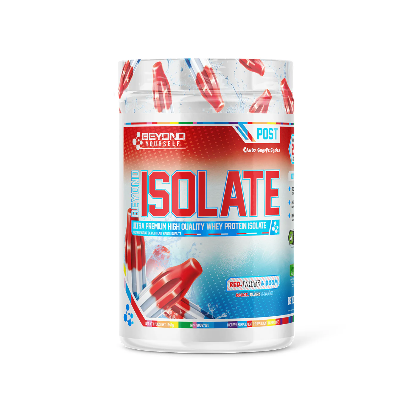 Beyond Yourself Isolate Candy 848g protein container with a red and blue label, featuring premium whey protein isolate and candy-inspired flavors for enhanced workout recovery.