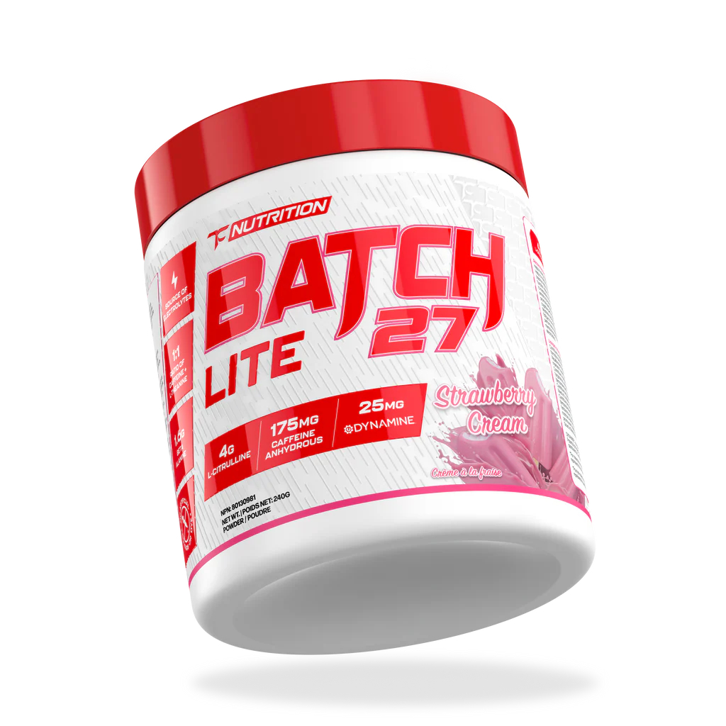 TC Nutrition Batch 27 LITE pre-workout tub, Strawberry Cream flavor, highlights 4g L-Citrulline, 175mg Caffeine, 25mg Dynamine for enhanced energy and performance.